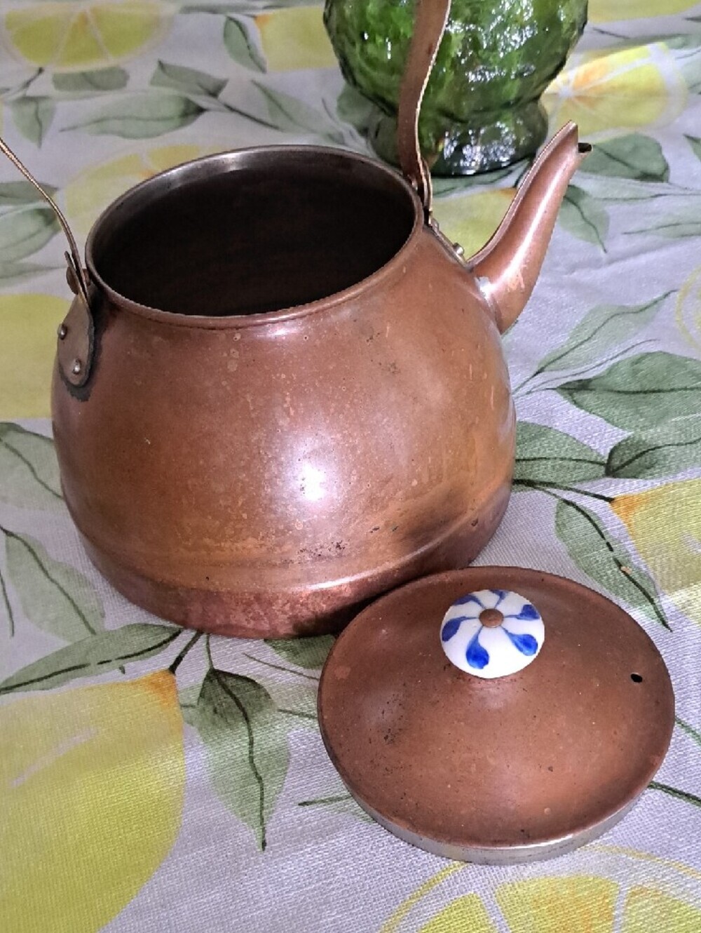 Antique Copper Teakettle with Blue-Trim Porcelain Handle - Picture 3 of 3